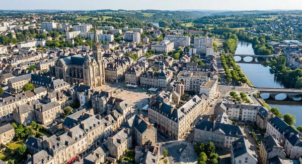 Photographie aérienne ou vue panoramique de la ville de Limoges montrant ses caractéristiques urbaines reconnaissables (architecture historique, environnement urbain, paysage local), avec une esthétique professionnelle et moderne. L'image doit transmettre le cadre géographique régional sans texte, logo ou filigrane.