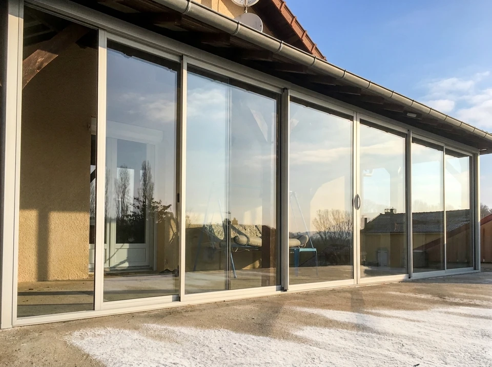 Ouvrier souriant en casque de sécurité blanc installant une baie vitrée coulissante sur chantier de construction