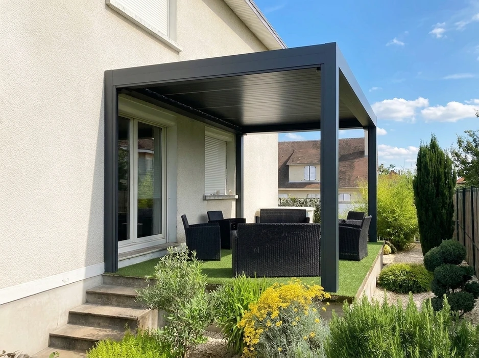 Entrée résidentielle extérieure avec porte d'entrée contemporaine gris-bleu, encadrement en pierre de taille naturelle, mur crépi beige