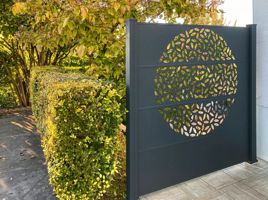 Entrée résidentielle extérieure avec porte d'entrée contemporaine gris-bleu, encadrement en pierre de taille naturelle, mur crépi beige