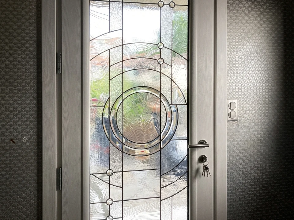 Une personne en pull rouge ouvre une porte d'entrée blanche depuis l'intérieur d'une habitation