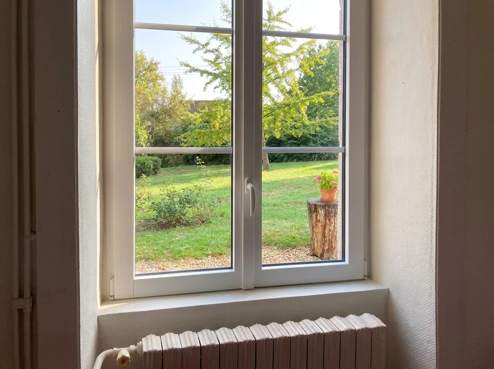 Intérieur moderne avec grande baie vitrée offrant vue lumineuse sur extérieur enneigé