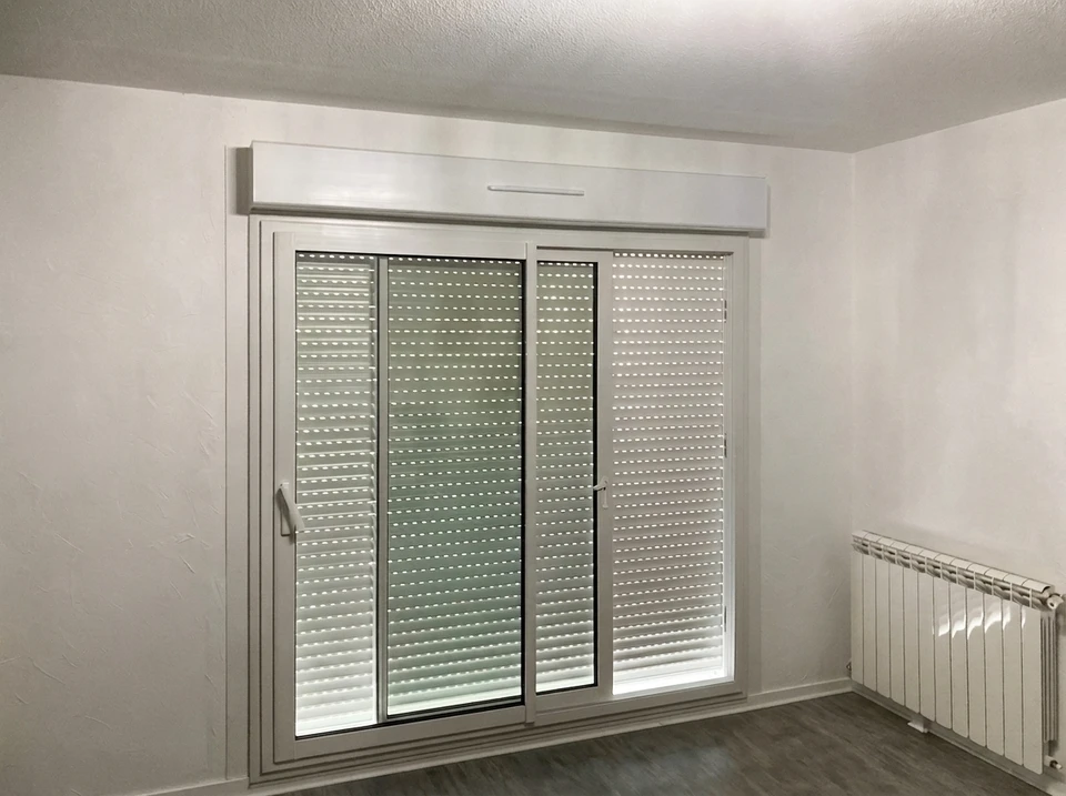 Façade extérieure d'habitation avec volet roulant blanc fermé installé sur fenêtre